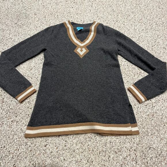 Two Bees Cashmere Sweater V Neck Sz S Stripe Gray Preppy Quiet Luxury Old Money - Picture 1 of 6